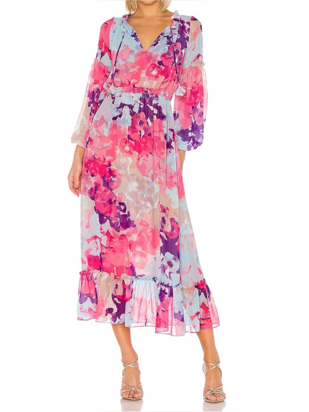 Misa Amata Vibrant Multicolor Floral Long Sleeve Maxi Dress Size Small